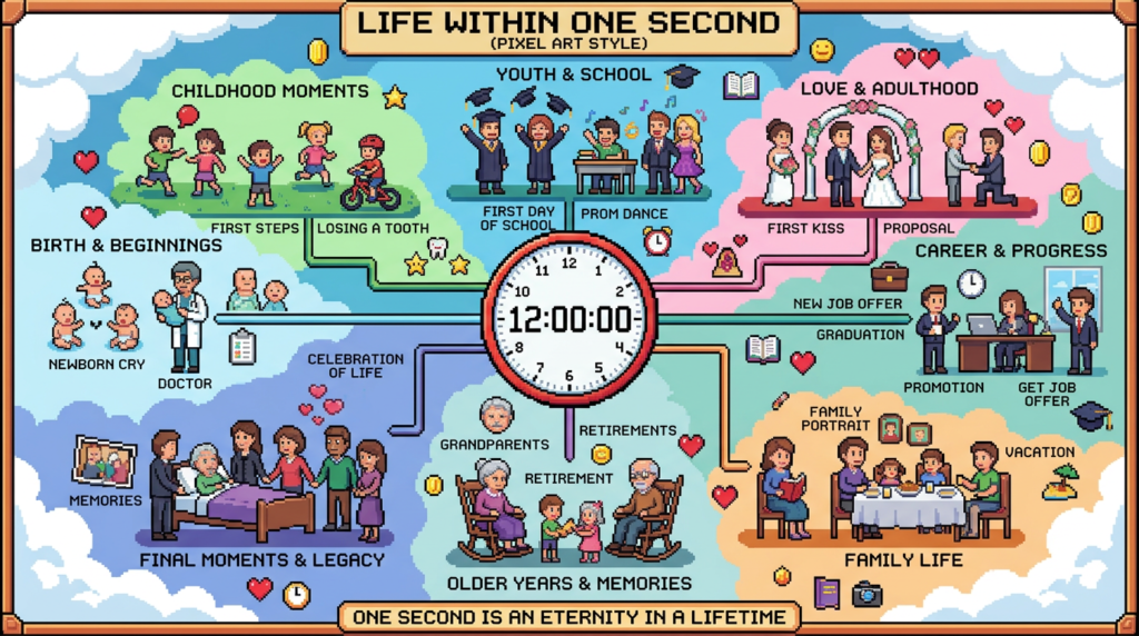 Pixel art clock surrounded by illustrations of life stages including birth, childhood, youth, love, career, family, older years, and final moments