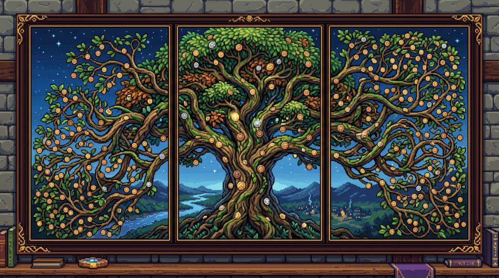 Large pixel art tree with golden and silver coins on branches against a starry night sky, divided into three framed sections