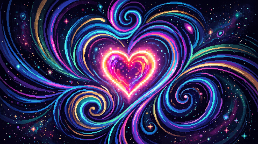 Glowing pixel art heart surrounded by colorful swirling galaxy patterns on a dark background