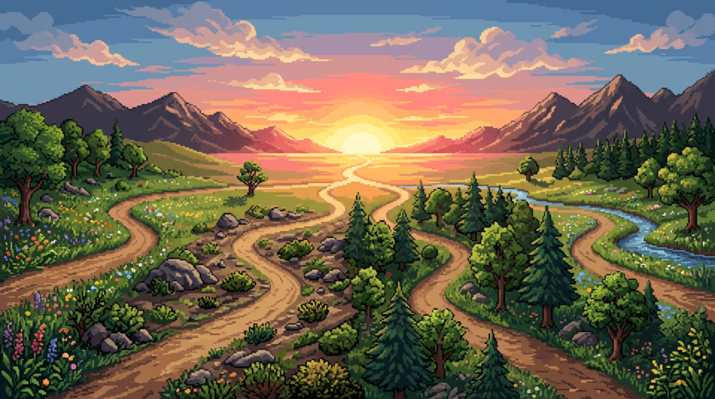 Pixel art landscape with winding dirt paths, trees, flowers, and mountains at sunset