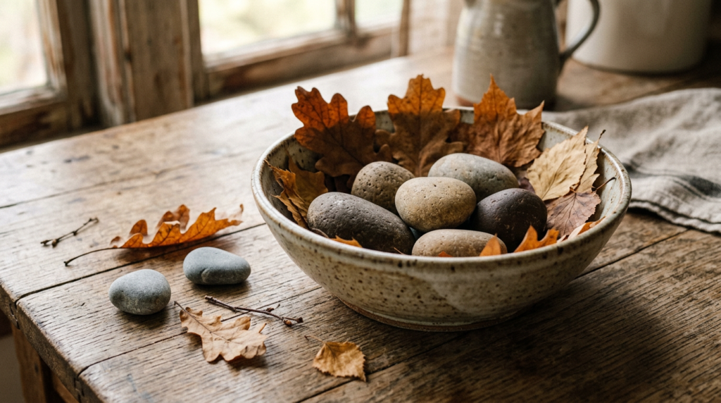 Ceramic bowl with smooth stones and dry autumn leaves on wooden table