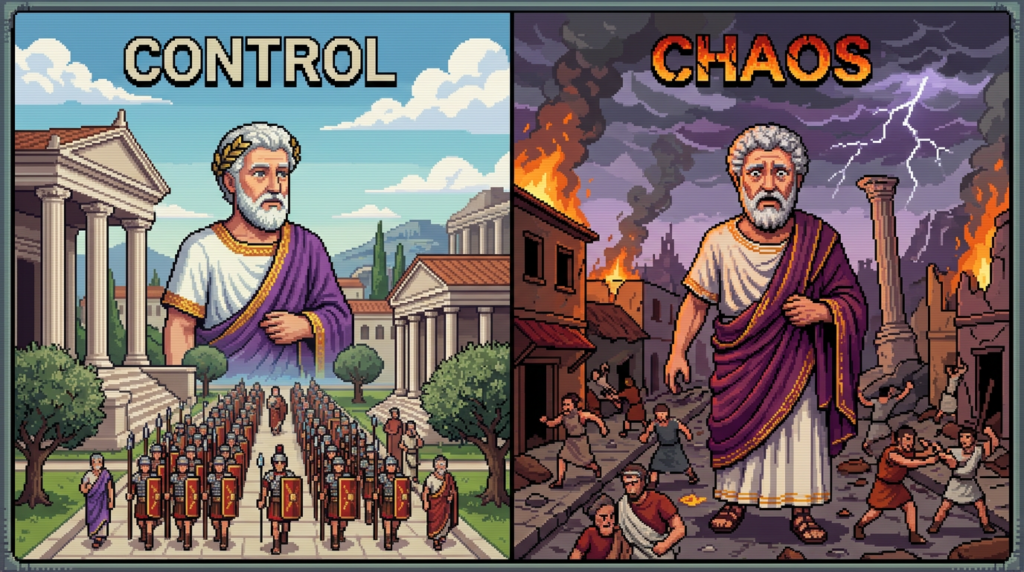 Split image showing Roman control with soldiers and order on left and chaos with fires and fighting on right