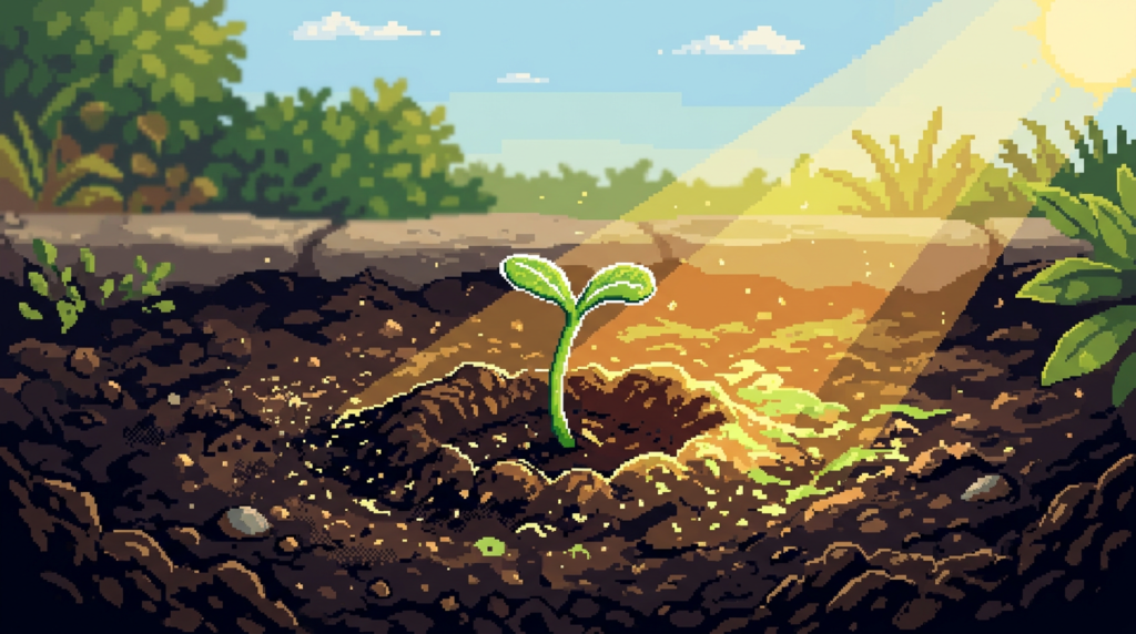 Seedling sprouting from soil illuminated by sun rays in pixel art